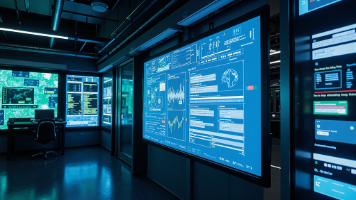 某新能源发电厂智能运维项目,显示风力发电机阵列,太阳能光伏板,智能监控中心,数据大屏显示发电量统计,设备状态监测,环境参数监控